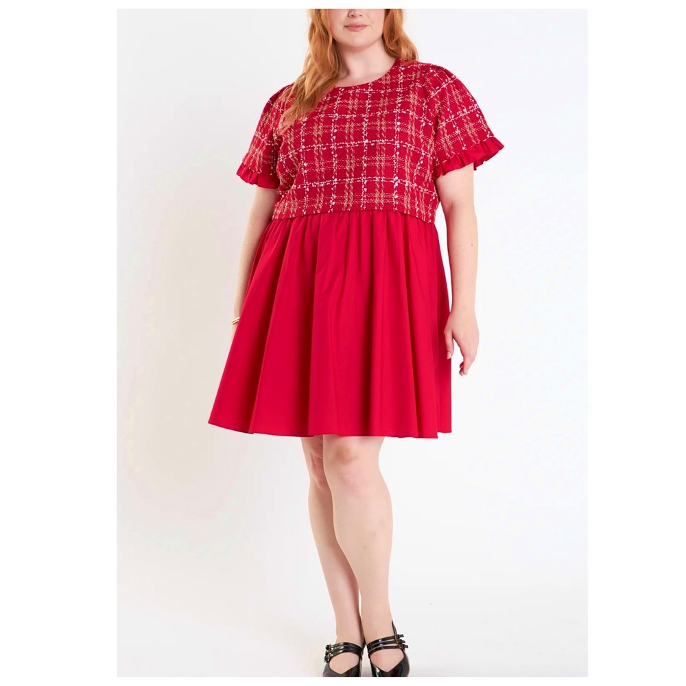 English Factory Mixed Media Tweed‎ Poplin Mini Dress size 2X red
